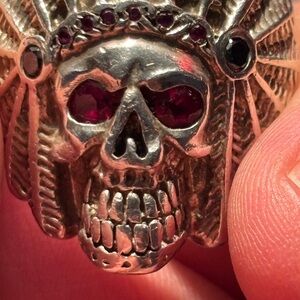 Silver Skull Ring with Rubies and Black Diamonds.